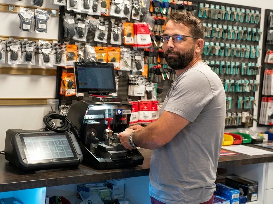 Photographie d'un atelier de serrurerie-menuiserie accueillant et convivial montrant deux hommes (artisan expérimenté barbu et un jeune aide/fils) travaillant ensemble près d'un comptoir professionnel équipé. Ils discutent ou collaborent sur une tâche (clés, serrure, ou document professionnel). Arrière-plan : outils de métier, étagères avec matériel de serrurerie et menuiserie, ambiance chaleureuse d'atelier artisanal. L'image doit transmettre la transmission de savoir-faire, la proximité familiale et le professionnalisme de l'entreprise.